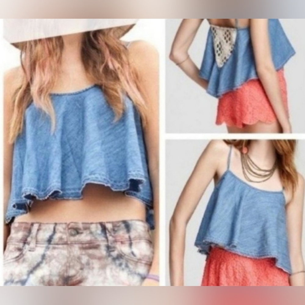 Free People Blue Chambray Lace Crochet Back Crop Top